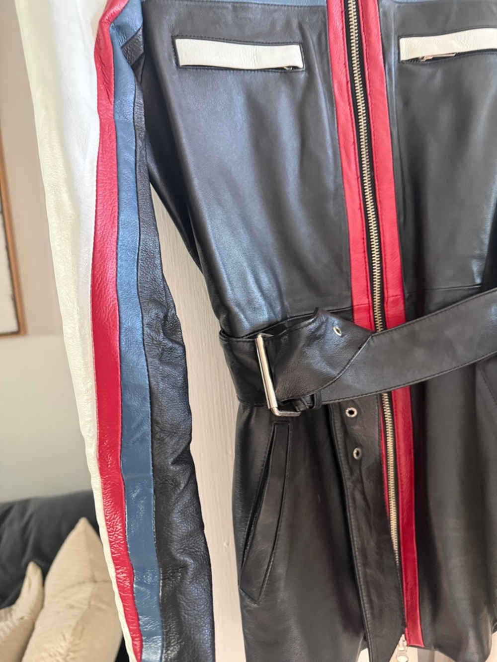Newport News vintage Leather Belted Moto Jacket  White, Red & Blue Stripes - Picture 4 of 6